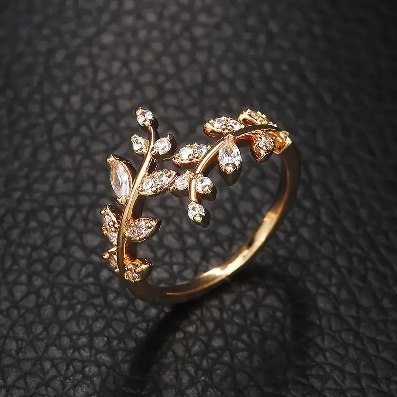 luckacco leaf shape design adjustable opening rings for women sparkling cubic zirconia olive ring party daily wear fashion jewelry