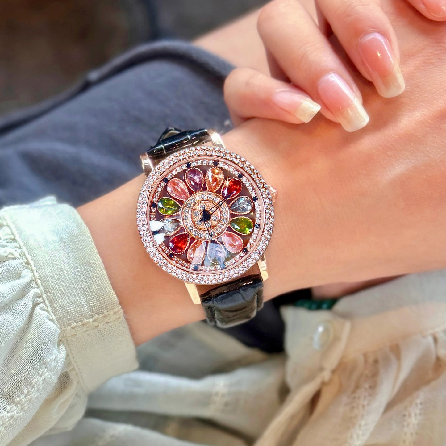 luckacco 1pc dazzling and fashionable women's quartz watch with colorful rhinestone inlay, featuring an alluring rotatable dial, durable