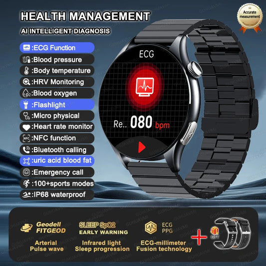 Luckacco 2025 New Health Analysis ECG+PPG Smart Watch Body Fat Uric Acid Blood Pressure Heart Rate Tracker NFC Smartwatch For Android IOS