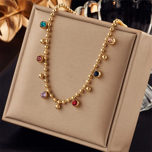Luckacco 316L Stainless Steel Multicolor Crystal Zircon Necklace For Women Fashion Lady Ball Chain Wedding Party Jewelry Gifts