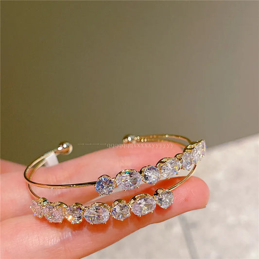 Luckacco Cuff Bracelets Sparkling Gold Color Double Layer Open Bangles For Women Shine Cubic Zircon Luxury Jewelry Party Accessories