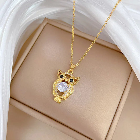 Luckacco Women's Stainless Steel Owl Necklace European And American Popular Light Luxury Temperament Pendant Collarbone Chain Jewelry