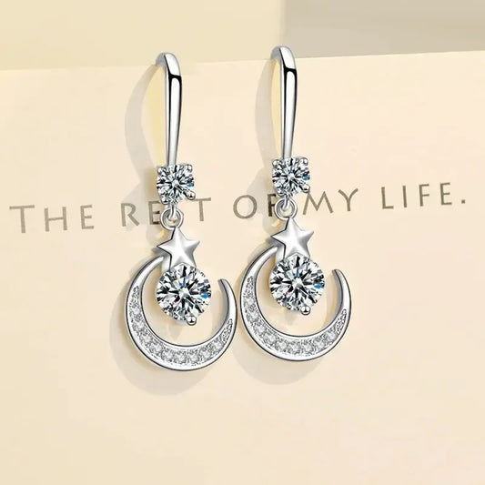Luckacco Female Fashion Star Moon Earrings 925 Sterling Silver White Sapphire Pink Blue White Artificial Dangle Earrings