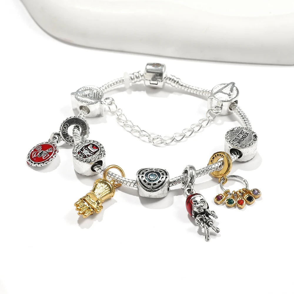 luckacco marvel superhero iron man pendant bracelet, avengers infinity stones, thor's hammer, aesthetic crystal beads, brand jewelry