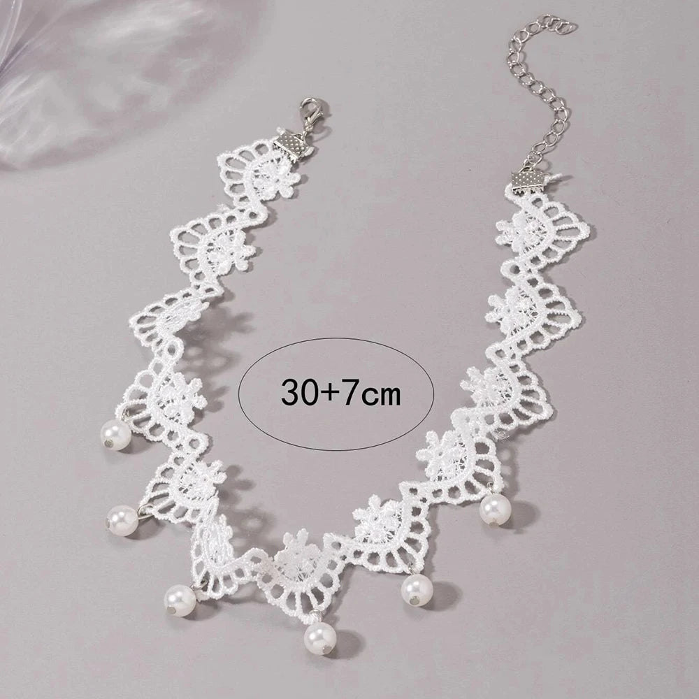 luckacco bohemia elegant vintage imitation pearl white lace statement choker necklaces bridal 2022 fashion jewelry for women wedding gift