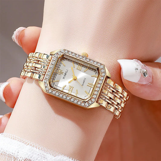 Luckacco 2025 Light luxury Brand Watch Women Business Simple Diamond Gold Watches Casual Female Student Fashion Quartz Clock Wristwatches
