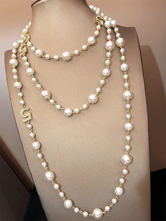 Luckacco Long Pearl Letter Multi layered Tassel Sweater Chain Necklace Jewelry For Women