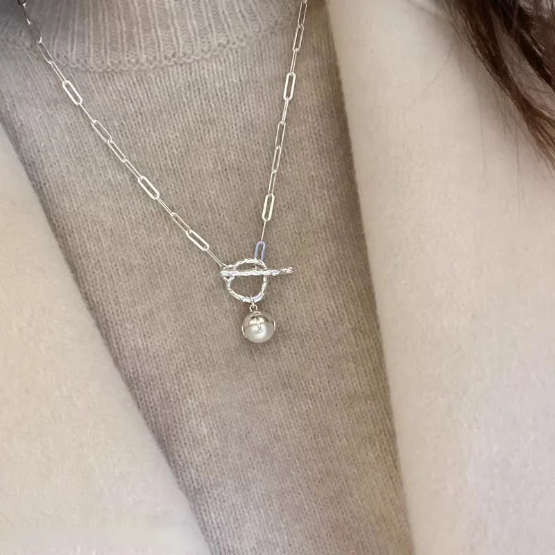 luckacco new trendy fashion 925 silver pearl simple elegant thin chain pendant necklace for women girl jewelry dropship