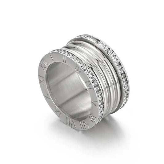 Luckacco Elegant Stainless Steel Large Rings for Women Roman Alphabet Shiny Zircon Ring Chunky Anillos Mujer Party Wedding Jewelry Luxury