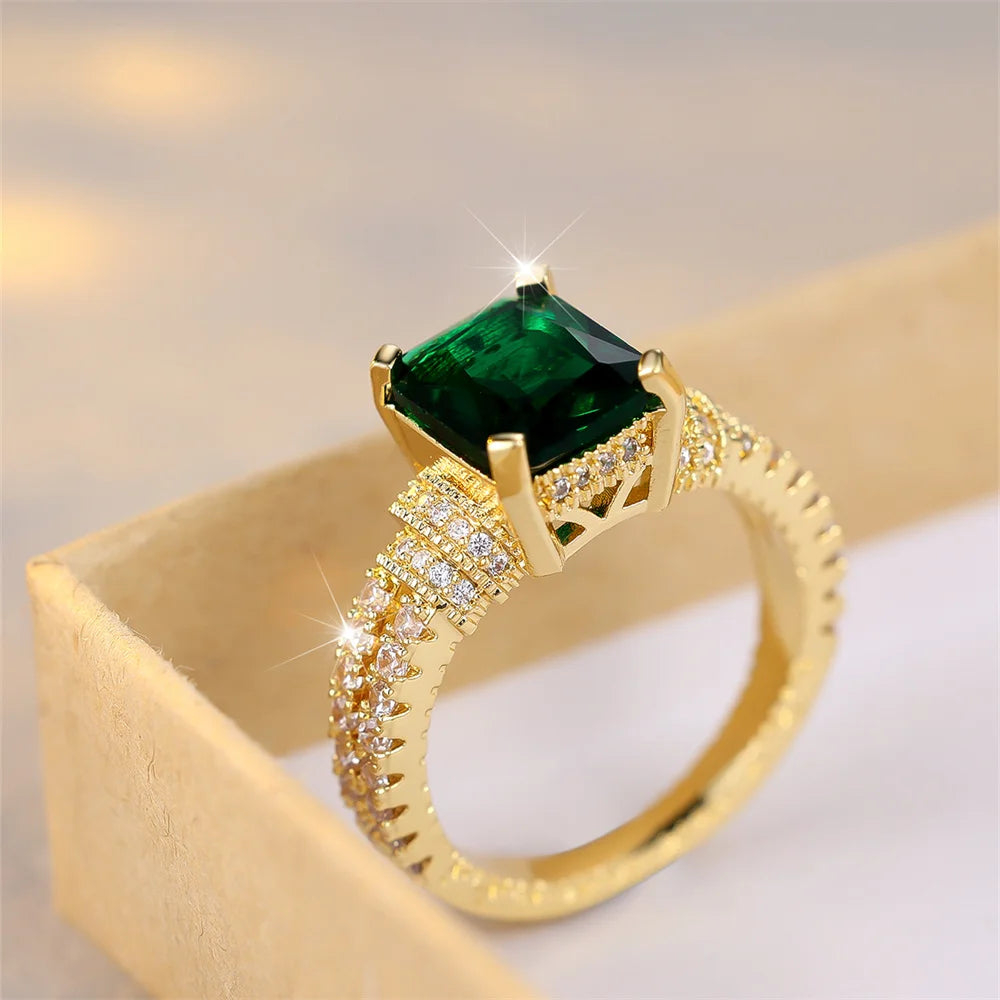 luckacco green crystal square stone engagement rings for women yellow gold color wedding band jewelry may birthstone mother's day gifts