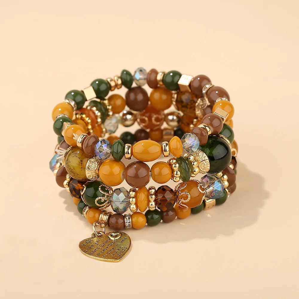 luckacco 4pcs/set boho ethnic heart beaded bracelet set for women handmade crystal beads chain bangle female bohemia jewelry gift
