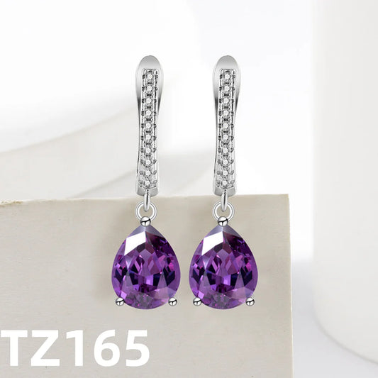 Luckacco 925 Sterling Silver Jewelry Set Inlaid With Simulated Amethyst Zircon, Teardrop Necklace Earrings Ring Women's Elegant Jewelry