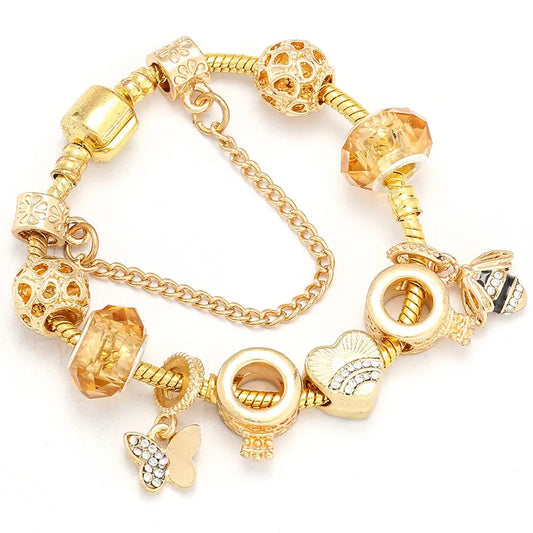 Luckacco TOGORY 2024 Authentic Gold Color Bees Dangles Charm Bracelet White Crystal Beads Fine Bracelet For Women Kids Birthday Gifts
