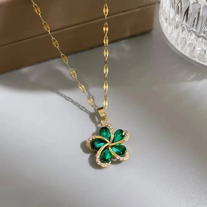 Luckacco DIEYURO 316L Stainless Steel Green Zircon Flowers Pendant Necklace For Women New Luxury Girls Lucky Chain Birthday Jewelry Gifts