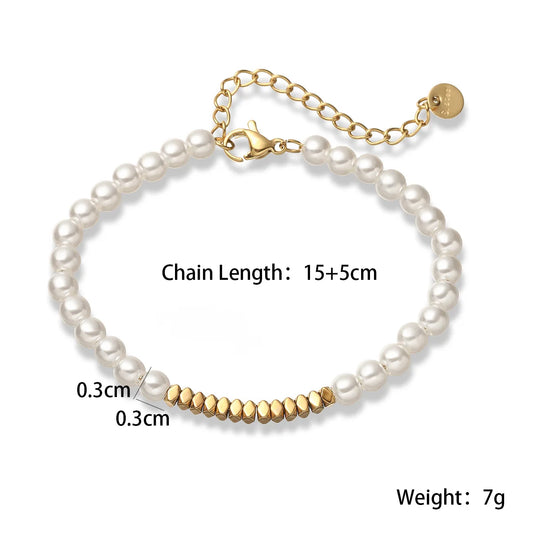 Luckacco NEWBUY Brand Gold Color Stainless Steel Beads Imitation Pearl Bracelet For Elegant Women Non-Fading Jewelry