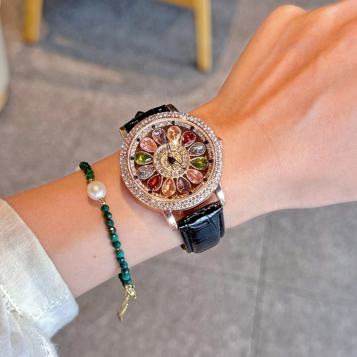 luckacco 1pc dazzling and fashionable women's quartz watch with colorful rhinestone inlay, featuring an alluring rotatable dial, durable