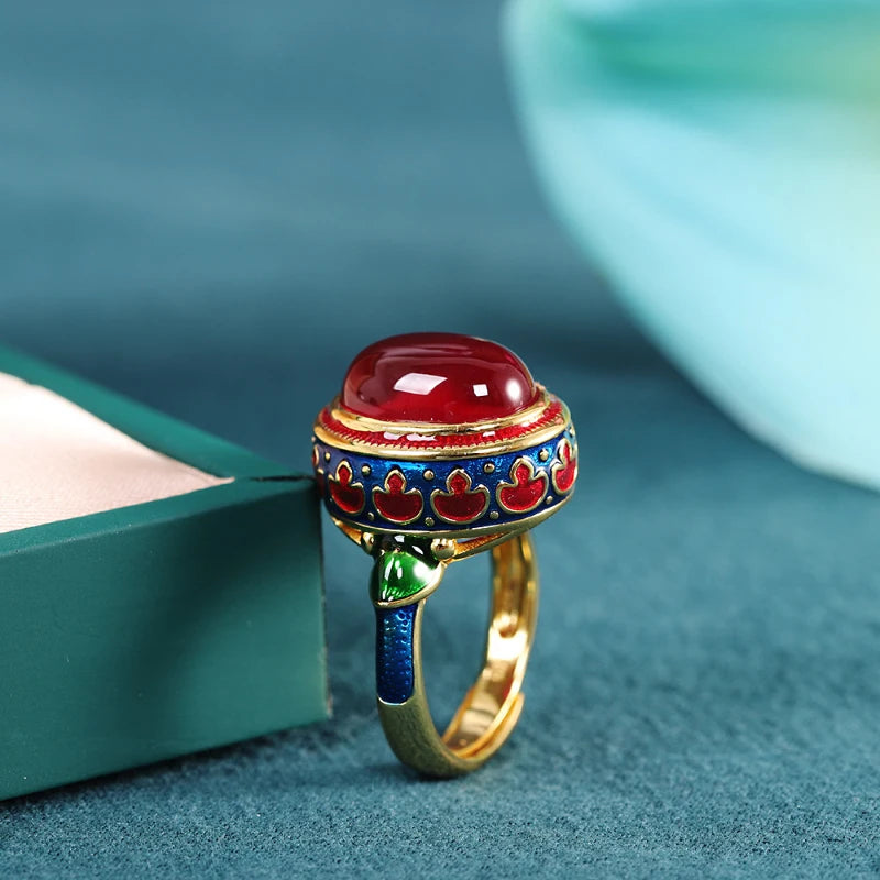 luckacco original ancient gold craftsmanship natural carnelian rings for women flower enamel national style light luxury wedding jewelry