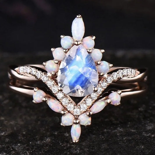 Luckacco Charm Rose Gold Color Waterdrop White Stone Flower Hollow Rings for Women Jewelry Anniversary Rings Set Gift