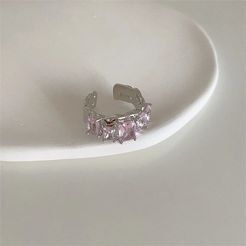 luckacco pink crystal irregular heart rings creative zircon bowknot opal love heart open ring y2k shiny rings for women party jewelry