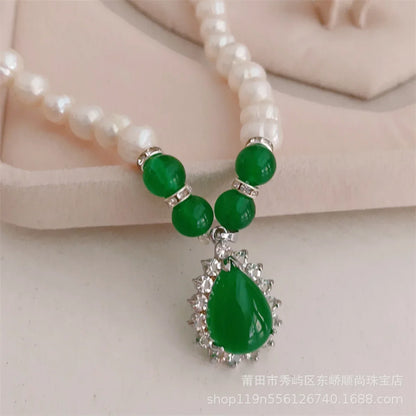Luckacco 8-9mm Near Round White Natural Freshwater Pearl Necklace Red/Green Waterdrop Chalcedony Bracelet Earrings for Mother Jewelry Set