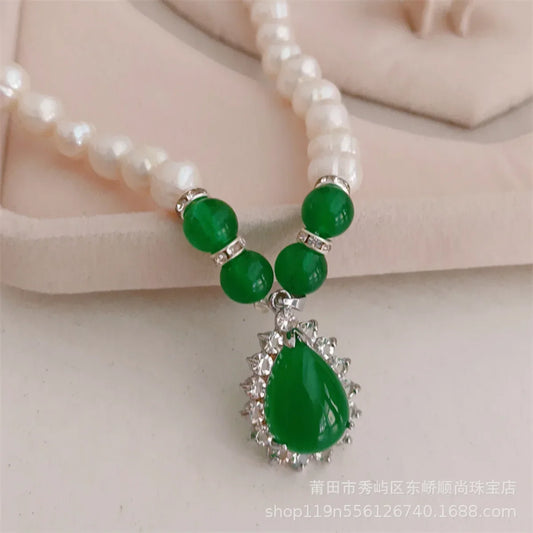 Luckacco 8-9mm Near Round White Natural Freshwater Pearl Necklace Red/Green Waterdrop Chalcedony Bracelet Earrings for Mother Jewelry Set