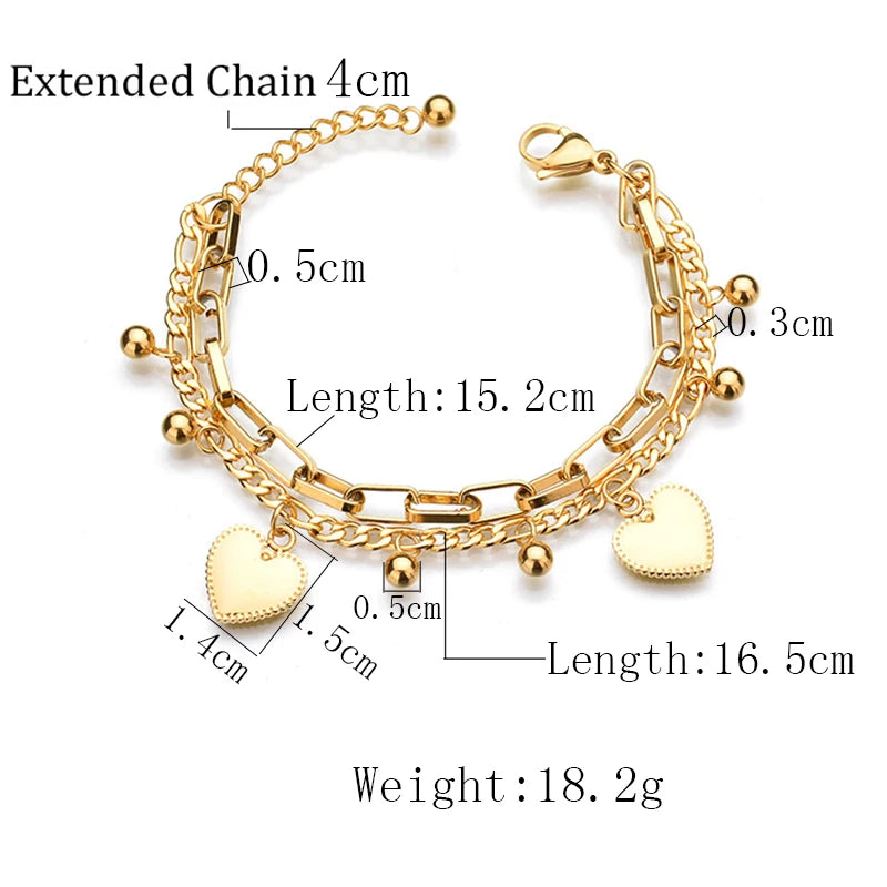 luckacco punk double layer love heart charm bracelet female 19cm gold silver color stainless steel chain link bracelets for women jewelry