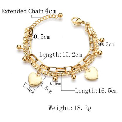 Luckacco Punk Double Layer Love Heart Charm Bracelet Female 19cm Gold Silver Color Stainless Steel Chain Link Bracelets for Women Jewelry