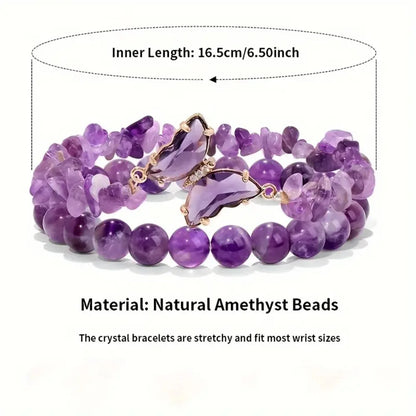 Luckacco 2pc Set Romantic Amethyst Obsidian Quartz Beaded Butterfly Bracelet Women Stretch Bangles Positive Energy Daily Commute