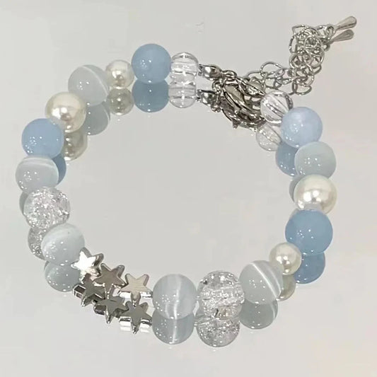 Luckacco Harajuku Pentagram Pearl Beaded Bracelets for Women 2023 Korean Aesthetic Cute Star Blue Glass Ball Bracelets Y2k Jewelry Gifts