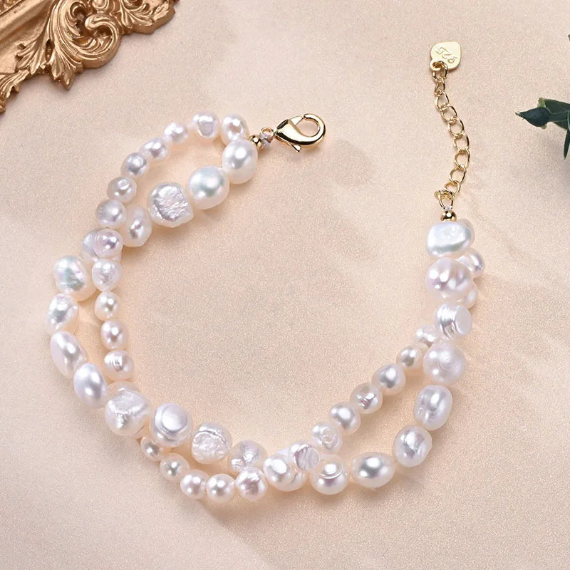 luckacco hengsheng freshwater 5-6mm 8-9mm white pearl double baroque bracelet 925 sterling silver fine jewelry gifts for women girls