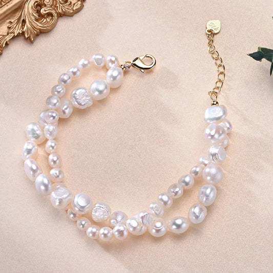 Luckacco HENGSHENG Freshwater 5-6mm 8-9mm White Pearl Double Baroque Bracelet 925 Sterling Silver Fine Jewelry Gifts for Women Girls