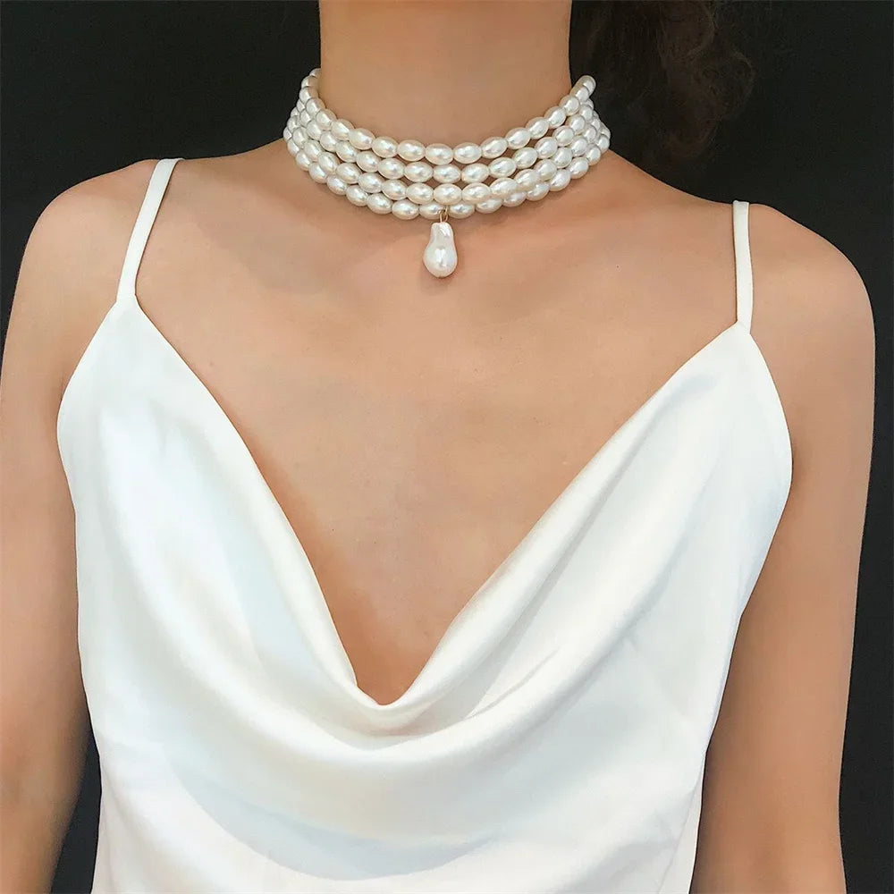 luckacco fashion vintage multilevel imitation pearl choker chain necklace for women female boho baroque geometry pendant jewelry gift