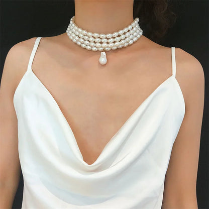 Luckacco Fashion Vintage Multilevel Imitation Pearl Choker Chain Necklace For Women Female Boho Baroque Geometry Pendant Jewelry Gift