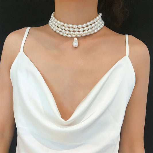 Luckacco Fashion Vintage Multilevel Imitation Pearl Choker Chain Necklace For Women Female Boho Baroque Geometry Pendant Jewelry Gift