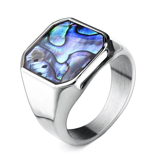 Luckacco Classic Gold Sliver Color Abalone Shells Finger Ring Men Punk Party Smooth Stainless Steel Rings Male Circular Wedding Ring Gift