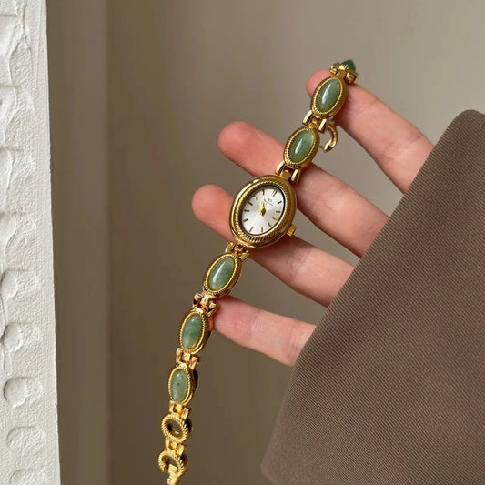 Luckacco Fashion Luxury Women's Watches Natural Gemstone Oval Dial Quartz Wristwatch Unique High-end Temperament Ladies' Watch Bracelet