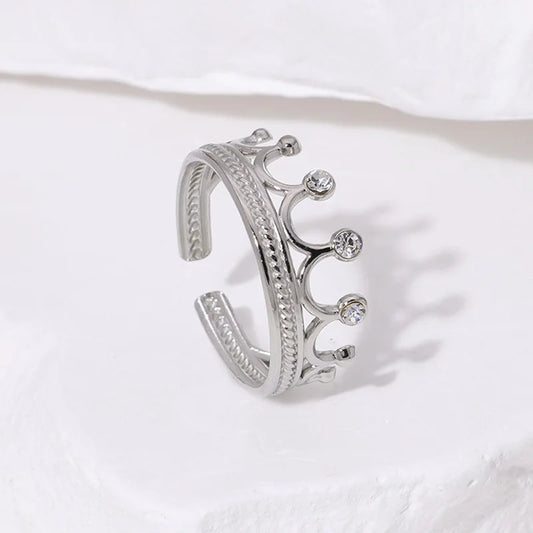 Luckacco Luxury Trendy Gold Color Stainless Steel Zircon Crown Couple Rings for Women Men Charm Party Finger Jewelry Colorfast Gift