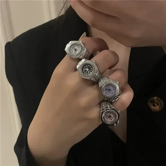 Luckacco Vintage Punk Finger Watch Mini Elastic Strap Alloy Watches Couple Rings Jewelry Clock Retro Roman Quartz Watch Rings Women Men