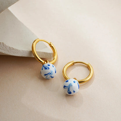 Luckacco Vintage White&Blue Flower Enamel Beads Hoop Earrings for Women Gold Plated Stainless Steel Huggies Earring Creative Jewelry Gift