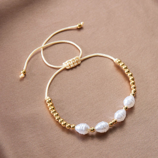 Luckacco Boho Imitation Pearl Beaded Metal Beads Bracelet for Women Vintage Handmade Woven Adjustable Chain Bowknot Heart Jewelry Gifts
