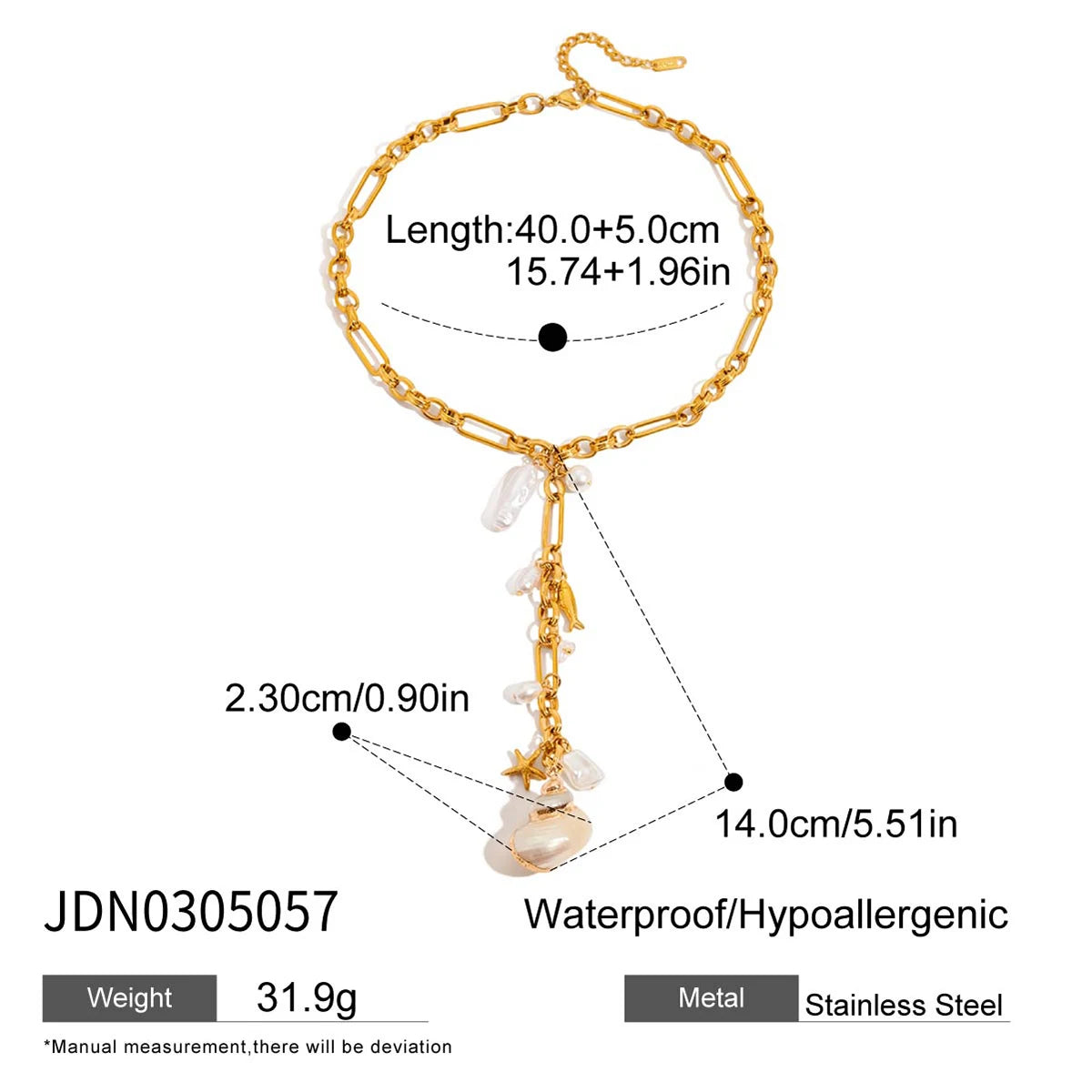 luckacco zora ocean holiday style conch pendant acrylic pearl y chain 18k gold-plated stainless steel handmade chain women's jewelry
