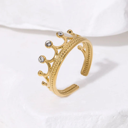 Luckacco Luxury Trendy Gold Color Stainless Steel Zircon Crown Couple Rings for Women Men Charm Party Finger Jewelry Colorfast Gift