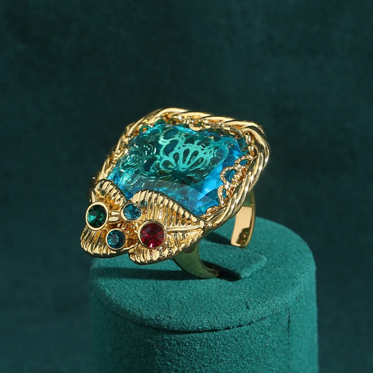 Luckacco Vintage Wedding Rings for Women Round Blue Natural Oval Green Crystal Horse Eye Shape Glass Retro Pattern Gold Color Jewelry