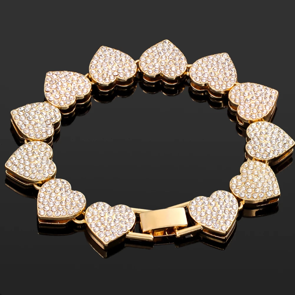 luckacco iced out pink cuban bracelet for women hip hop gold silver color crystal heart circle square bracelet 4pcs set jewelry gift