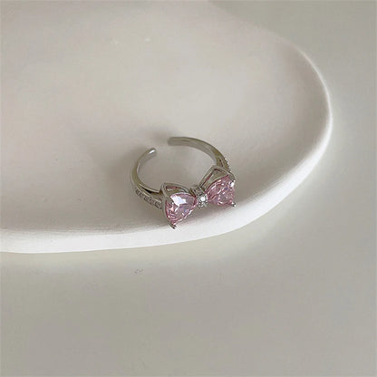 Luckacco Pink Crystal Irregular Heart Rings Creative Zircon Bowknot Opal Love Heart Open Ring Y2K Shiny Rings for Women Party Jewelry