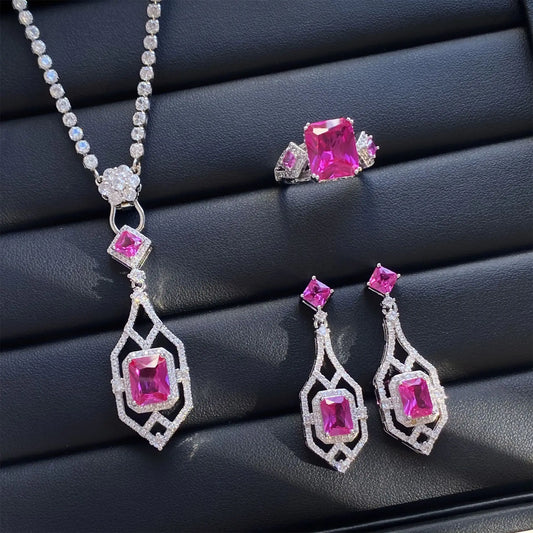 Luckacco Valuable Lab Jade Diamond Jewelry set 925 Sterling Silver Engagement Wedding Rings Earrings Necklace For Women Bridal Party Gift