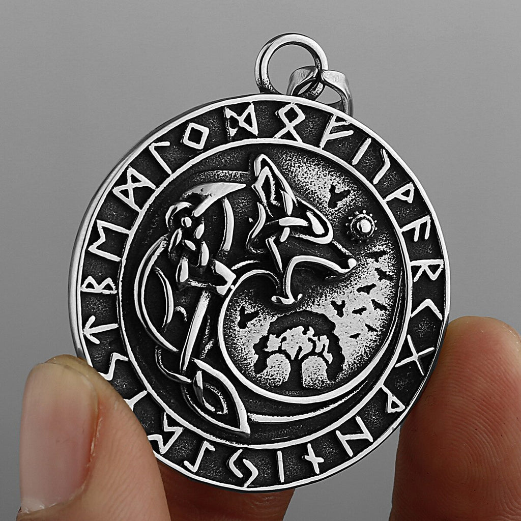 Men Stainless Steel Wolf Head Viking Necklace Pendant Pendant Necklace Fashion Nordic Odin Viking Rune Necklace Chain Jewelry - luckacco
