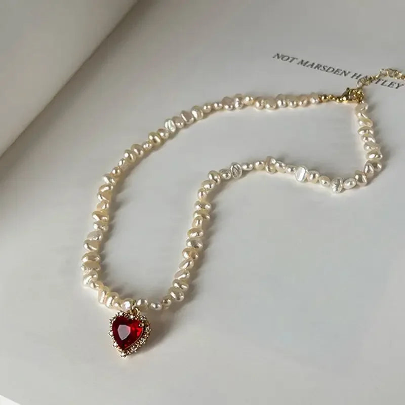luckacco hot sale irregular freshwater pearl red cz zircon heart pendant necklaces for women 14k real gold plated copper choker