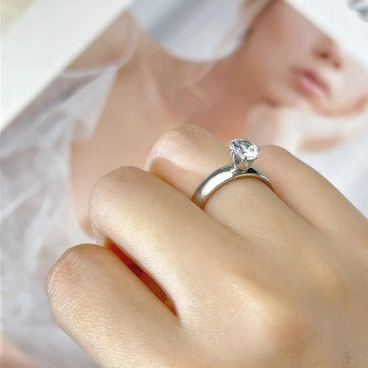 Luckacco Titanium Steel Solitaire Rings for Women Men Shiny Six Claws Zircon Marriage Promise Ring Fashion Couple Jewelry Gifts KBR118