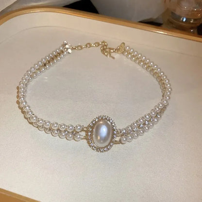 Luckacco Oval Imitation Pearl Rhinestones Double-Layered Ckokers Necklaces for Women Light Luxury Temperament Fashion Jewelry Party Gifts